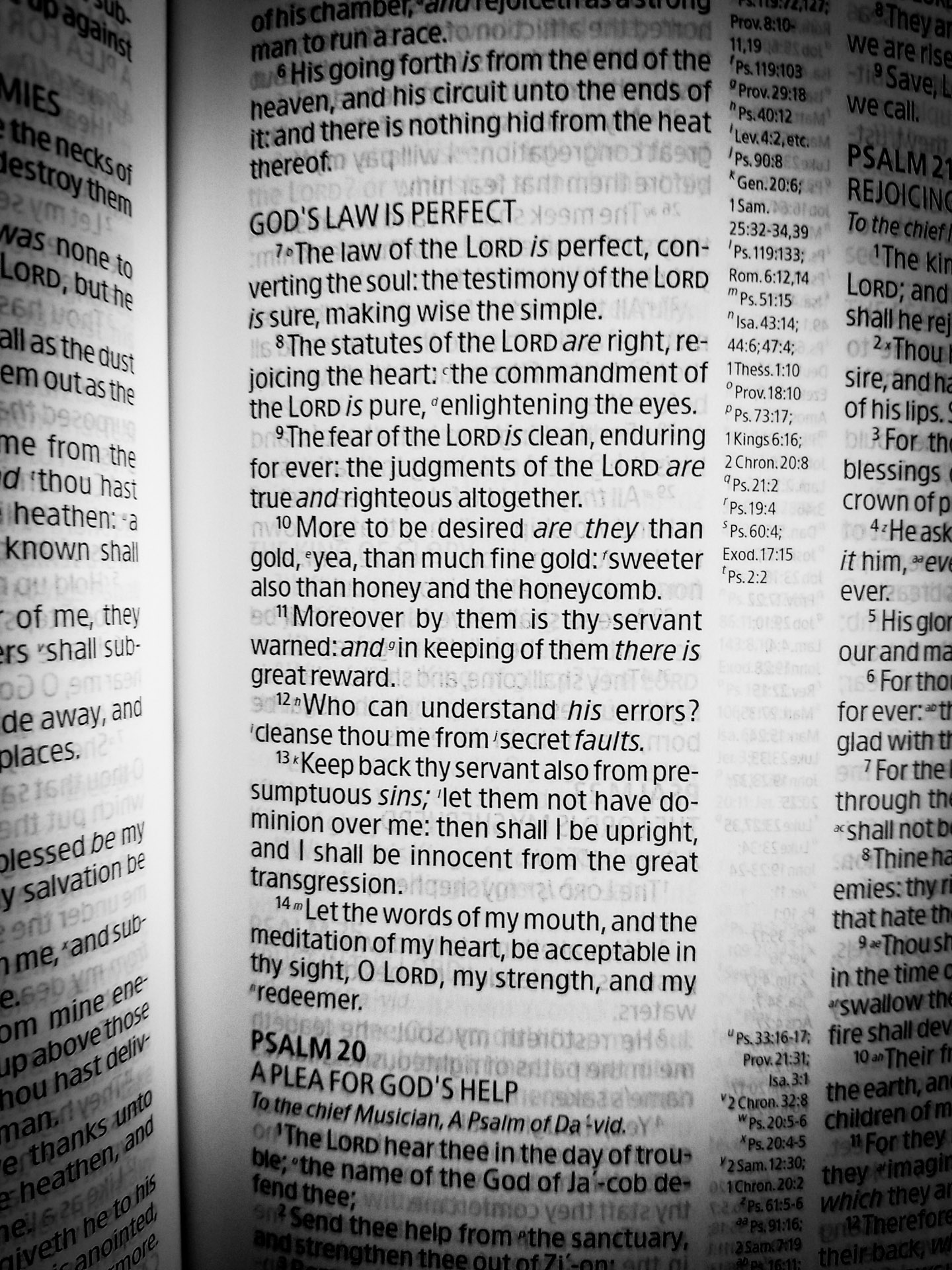 7 The law of the Lord is perfect, converting the soul: the testimony of the Lord is sure, making wise the simple.

8 The statutes of the Lord are right, rejoicing the heart: the commandment of the Lord is pure, enlightening the eyes.

9 The fear of the Lord is clean, enduring for ever: the judgments of the Lord are true and righteous altogether.

10 More to be desired are they than gold, yea, than much fine gold: sweeter also than honey and the honeycomb.

11 Moreover by them is thy servant warned: and in keeping of them there is great reward.

12 Who can understand his errors? cleanse thou me from secret faults.

13 Keep back thy servant also from presumptuous sins; let them not have dominion over me: then shall I be upright, and I shall be innocent from the great transgression.

14 Let the words of my mouth, and the meditation of my heart, be acceptable in thy sight, O Lord, my strength, and my redeemer.